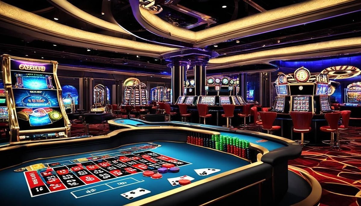 Ilustrasi gameplay sportsbook dan slot online dengan warna merah gelap